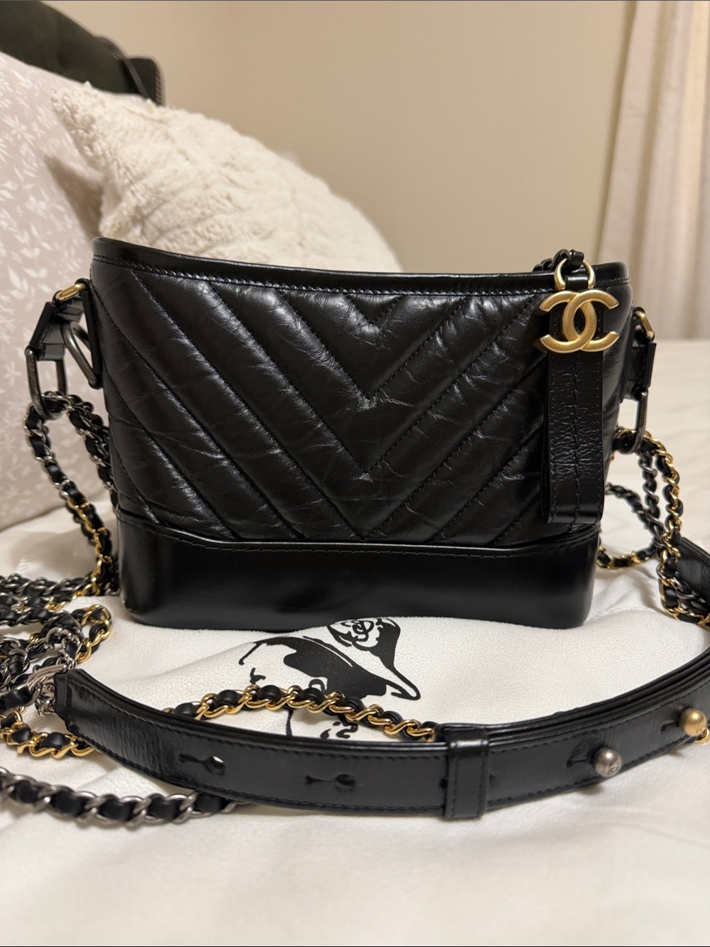 CHANEL small Gabrielle Hobo Black Chevron aged calfskin Leather